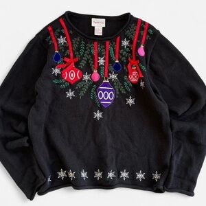 Vintage Crystal Kobe Black Knit Embroidered Christmas Ornaments Sweater